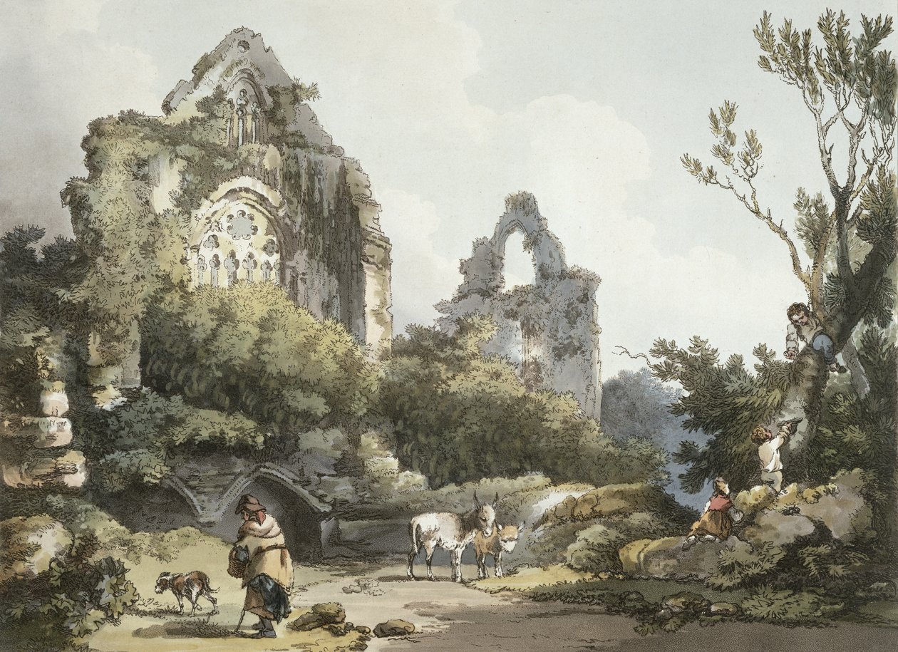 ティンタン修道院、「イングランドウェールズのロマンチックで絵のような風景」から、1805年に発行（カラー彫刻） 作： フィリップ・ジャック・ド・ルーテルブール