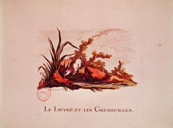 野ウサギとカエル、ジャン・デ・ラ・フォンテーヌ（1621-95）1823による寓話のイラスト 作： ルーテルブール後のフィリップ・ド