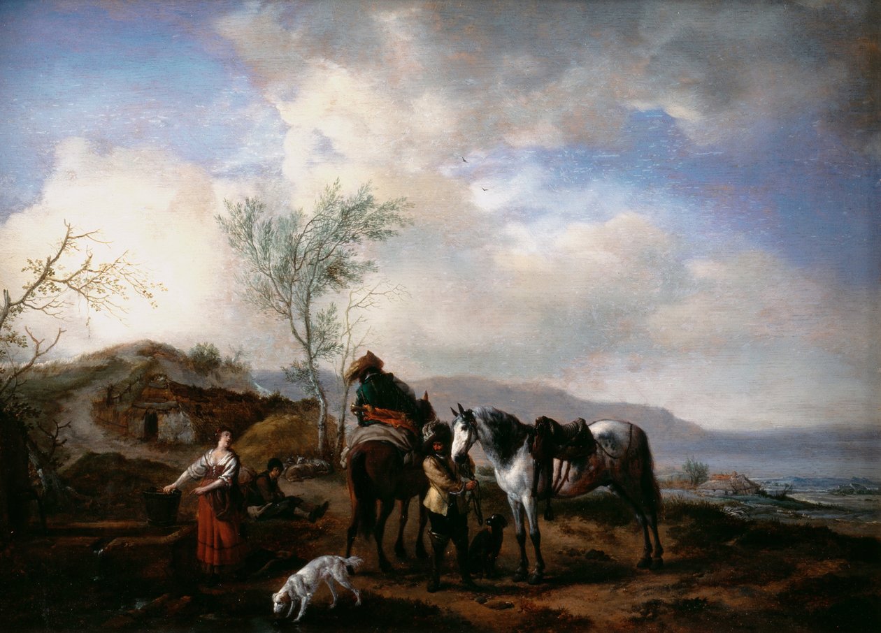 噴水の近くの2人の騎手 作： Philips Wouwerman