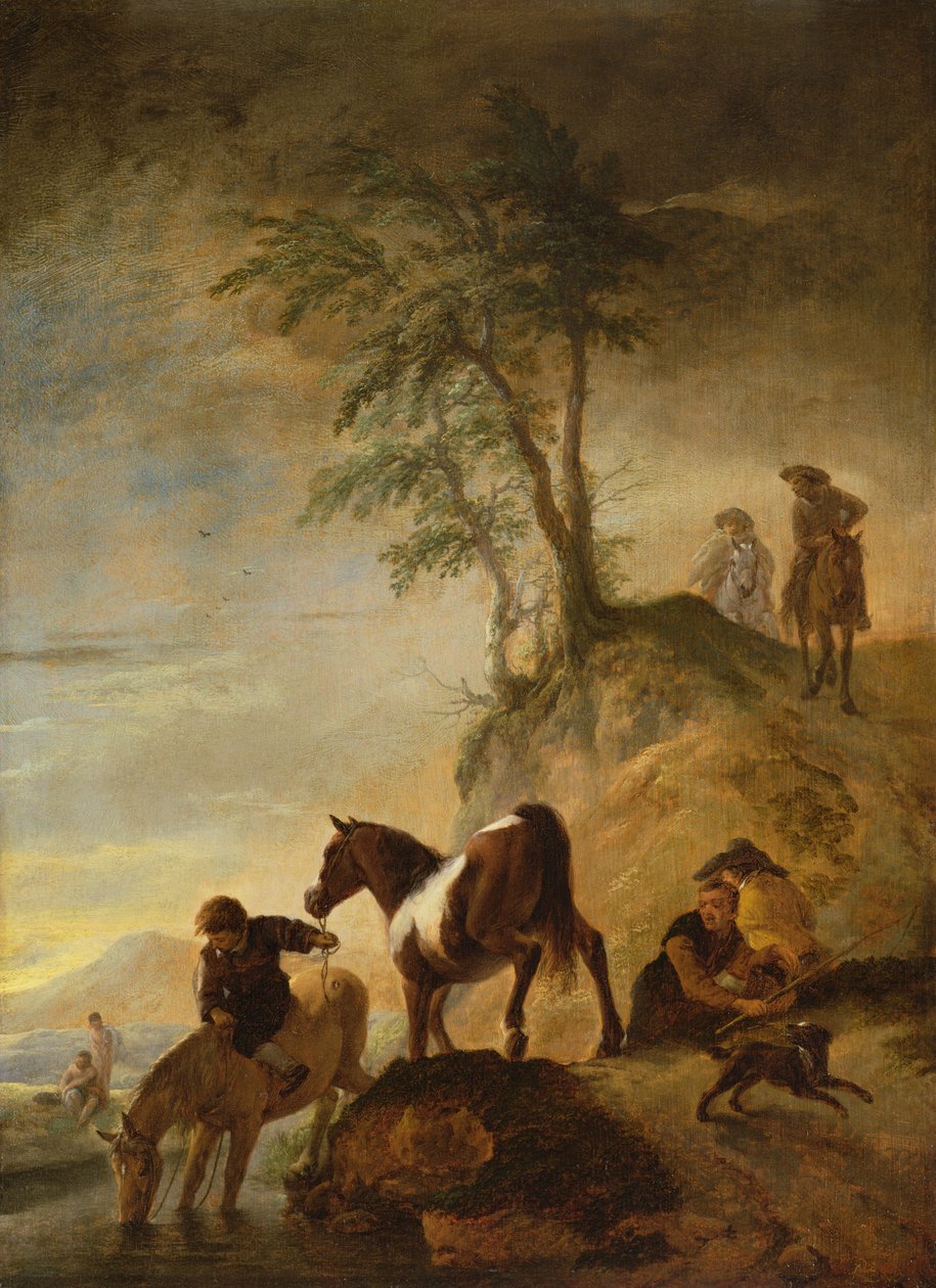 馬に水をまくライダー（パネル） 作： Philips Wouwerman
