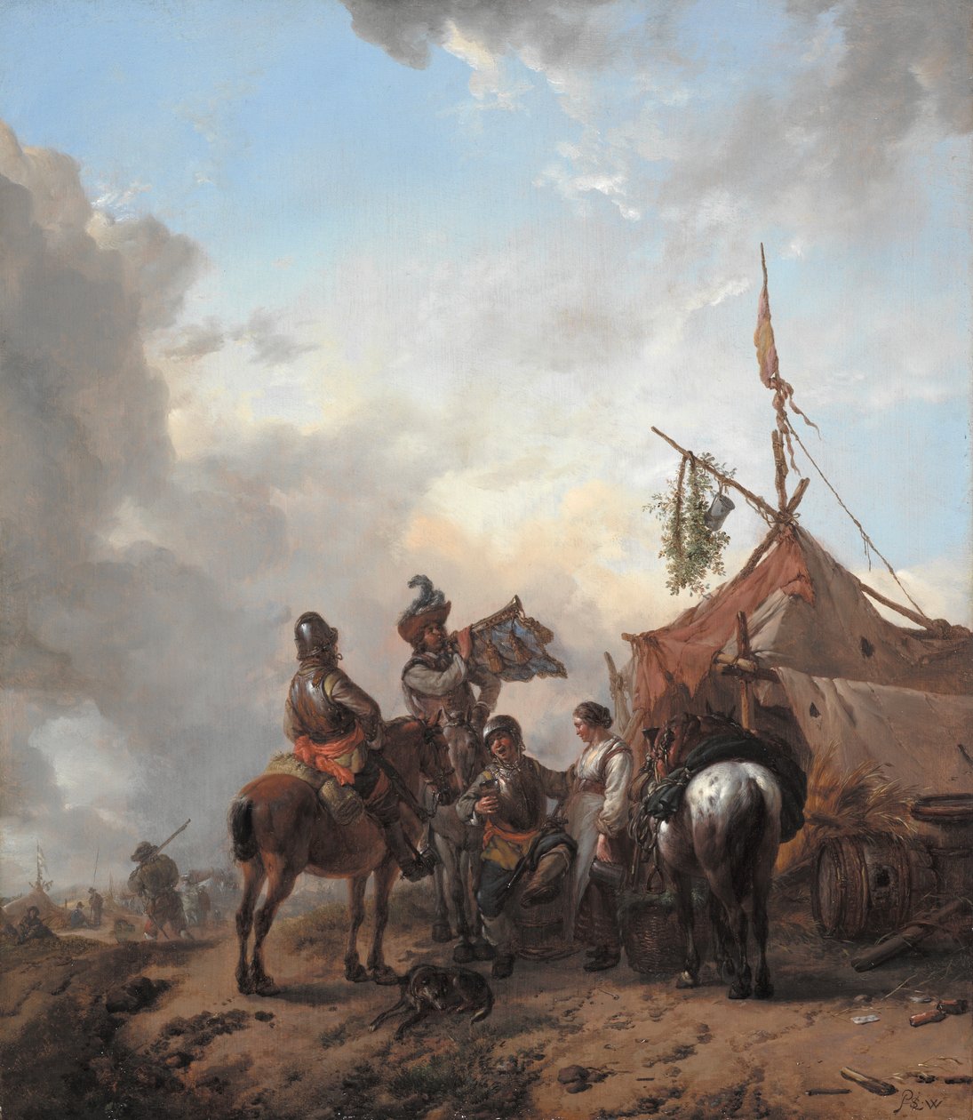 1655年頃、テントの外でサービングの女性と暴力を振るう兵士（オークパネルに油彩） 作： Philips Wouwerman