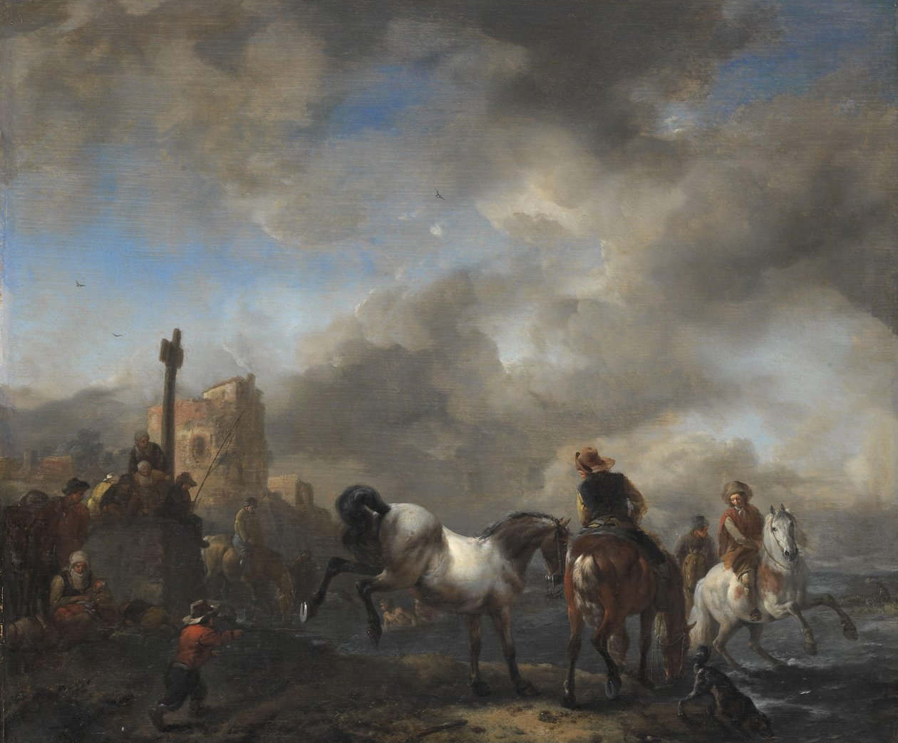 境界石近くの馬池 作： Philips Wouwerman