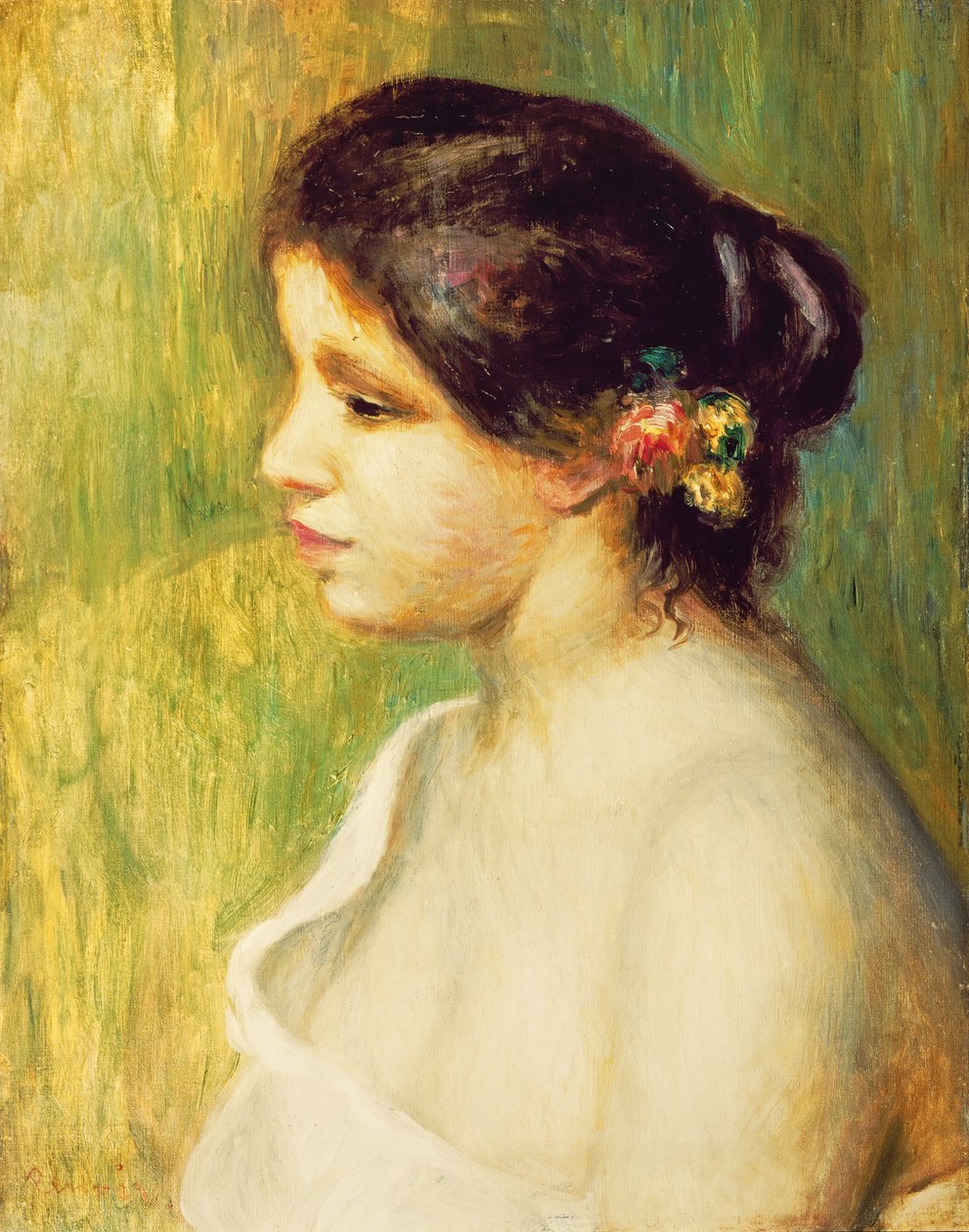 彼女の耳に花を持つ若い女性、1898 作： ピエールオーギュストルノワール