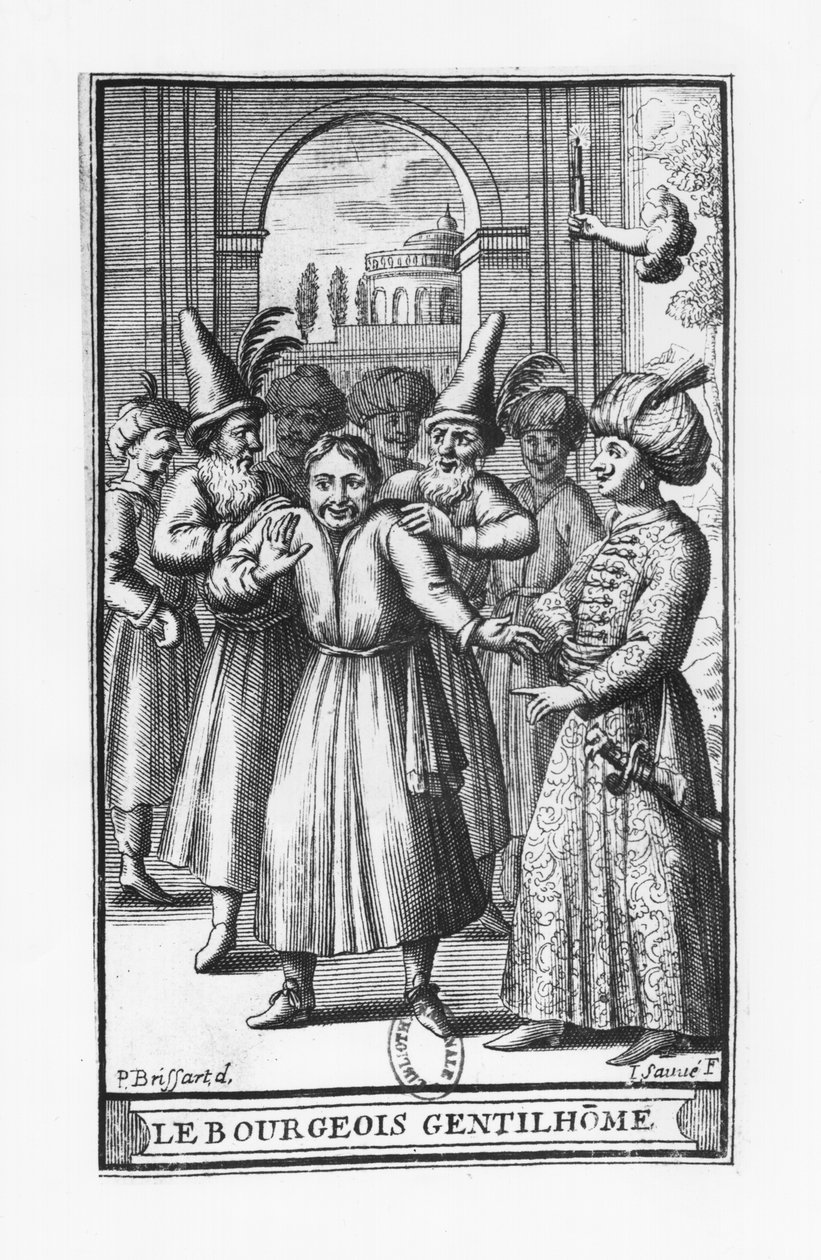 ジャンソーブ（fl.1660-91）によって彫刻されたモリエール（1622-73）による「ルブルジョワジェンティロム」のイラスト 作： ピエール・ブリサール