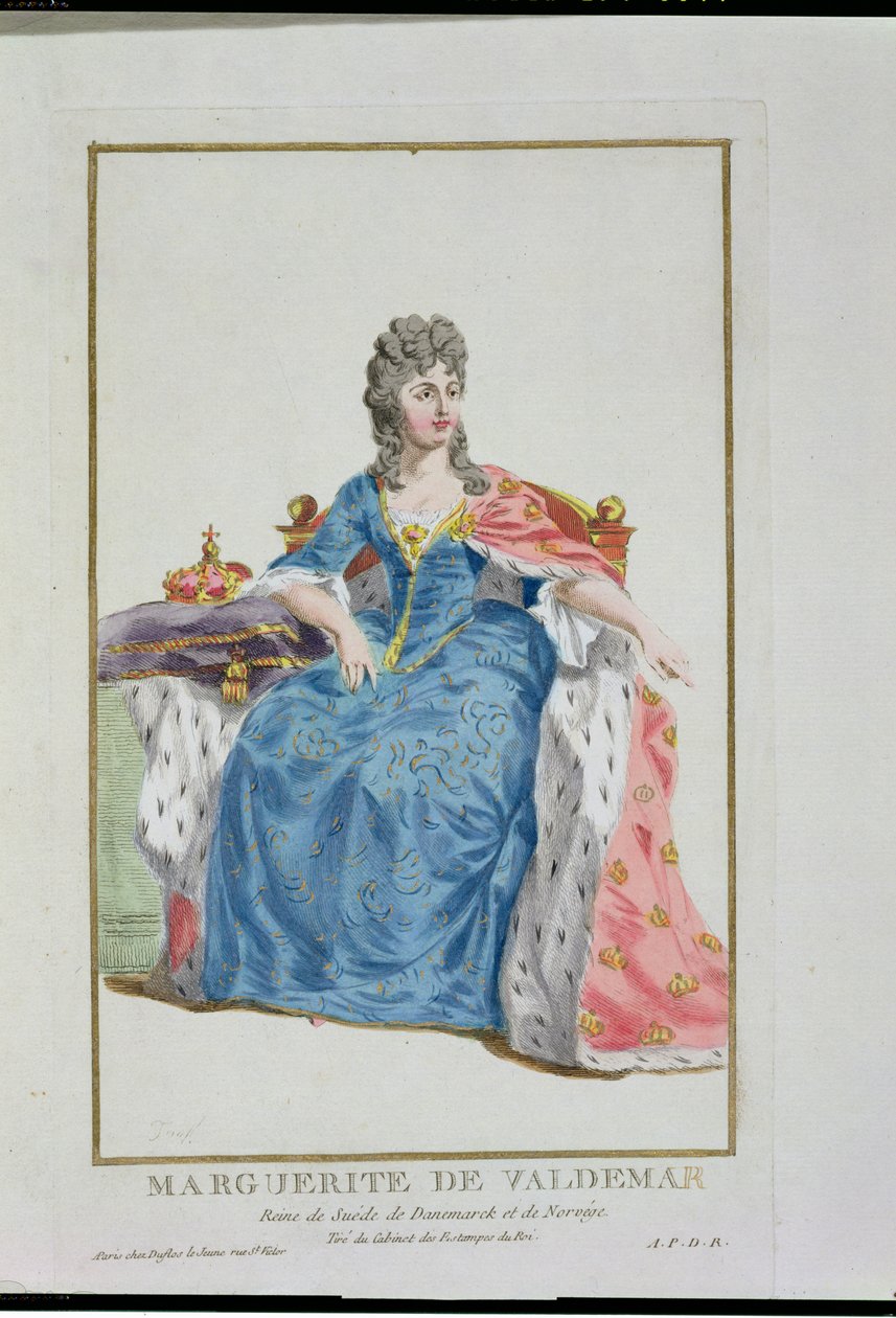 マーガレット（1353-1412）デンマーク、ノルウェー、スウェーデンの女王、「既存のすべての国のコスチュームによる、階級と要人を表す版画のコレクション」から1780年（ 作： ピエール・デュフロス
