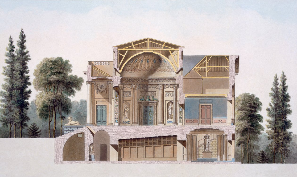 1827年に出版された「オランダ王国の最も注目すべき記念碑、建物、家々の選択」からのラーケンのカントリーハウスの断面図 作： ピエール・ジャック・ゲブエル
