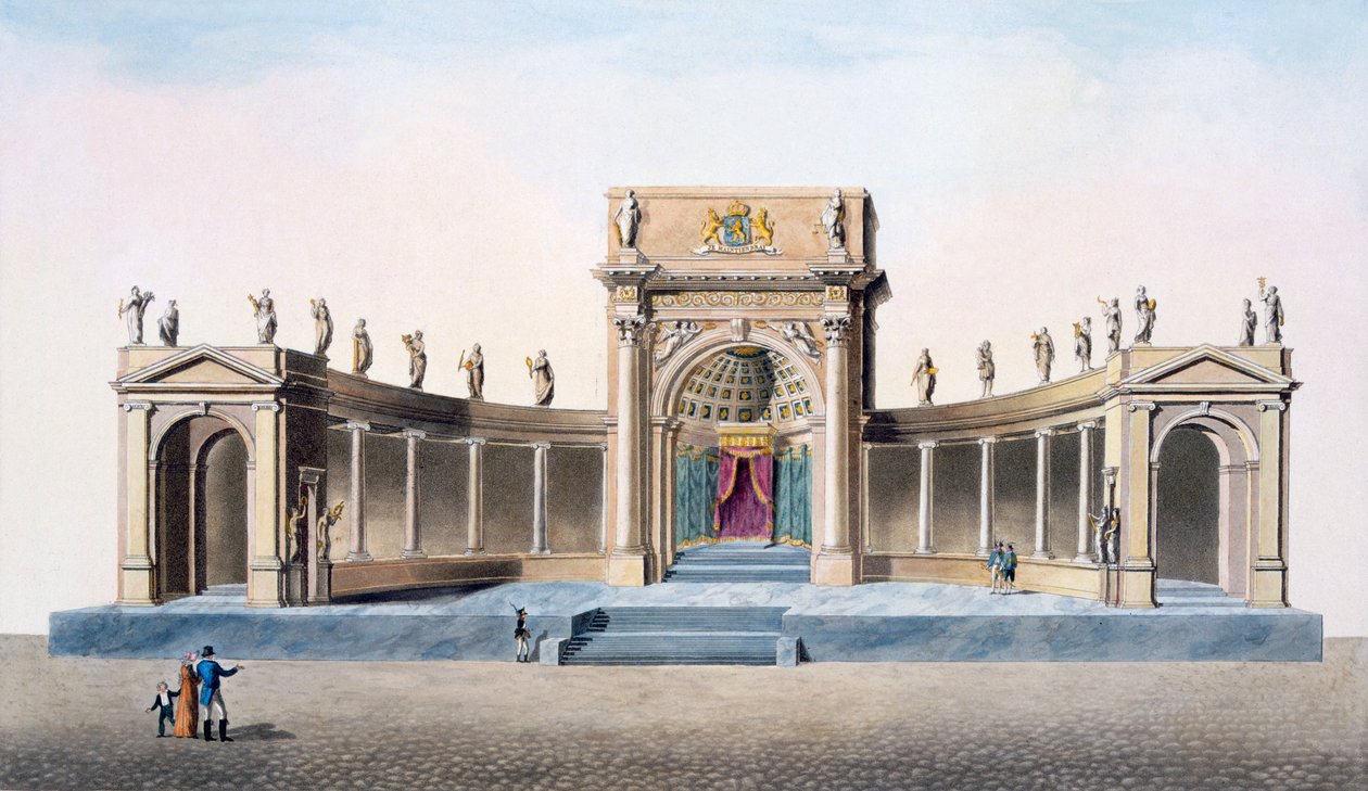 1827年に出版された「オランダ王国の最も注目すべき記念碑、建造物、家屋の選択」から、1815年に王の就任式のために建てられたブリュッセルの劇場 作： ピエール・ジャック・ゲブエル