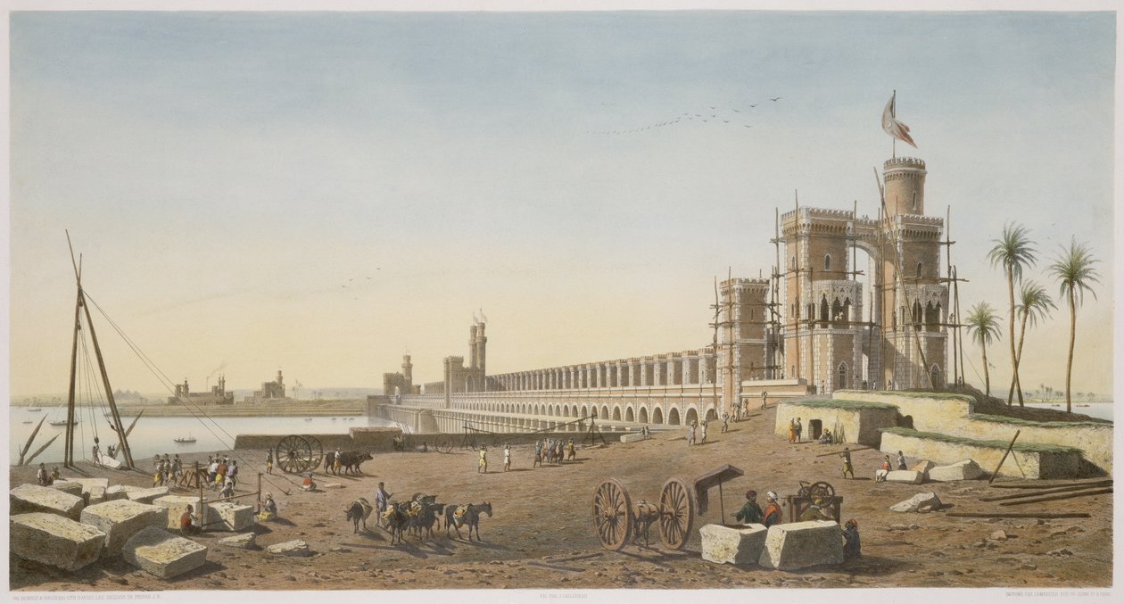 フィリップベノイスト（1813-c.1905）とユージンシセリ（1813-90）1853によって彫刻された、アスワンダムの建物であるナイル川を横切るダム 作： ピエール・ジョセフ・バザン