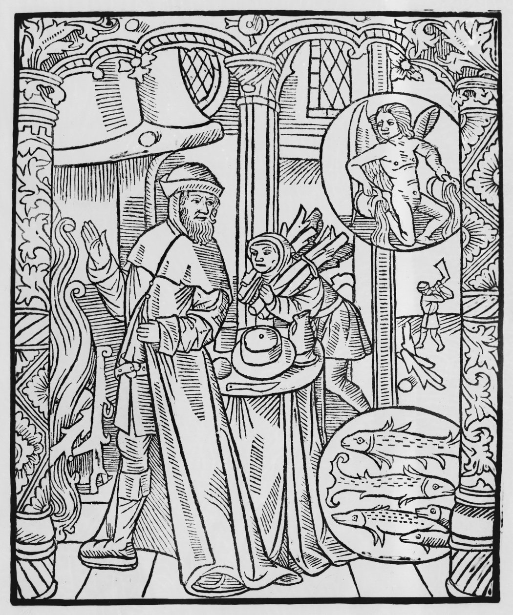 2月、インテリアシーン、水瓶座、 &39;Almanach des Bergers&39;のイラスト、1491（木版画） 作： ピエール・ル・ルージュ
