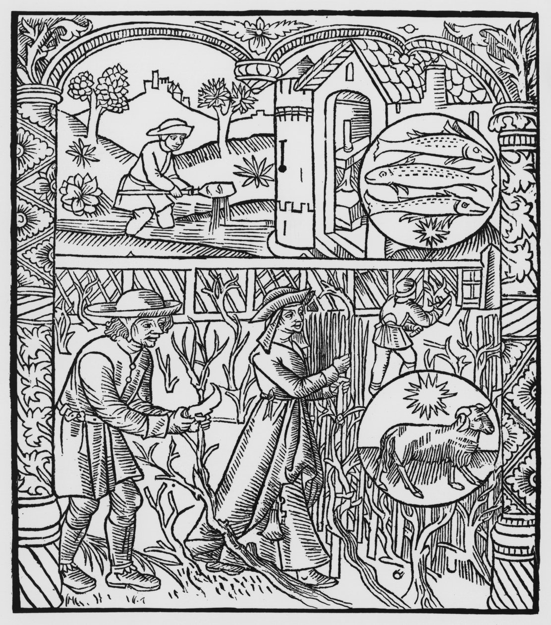 3月、釣りと剪定の木、魚座、 &39;Almanach des Bergers&39;のイラスト、1491年（木版画） 作： ピエール・ル・ルージュ