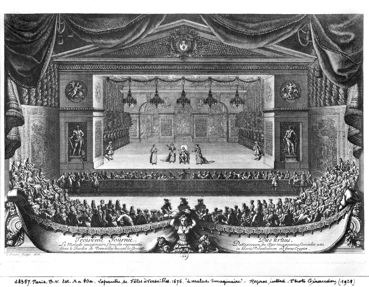 3日目、ヴェルサイユの庭園で演奏されたモリエール（1622-73）の「ラマラードイマジネア」より、1676年 作： ピエール・ルポートレ