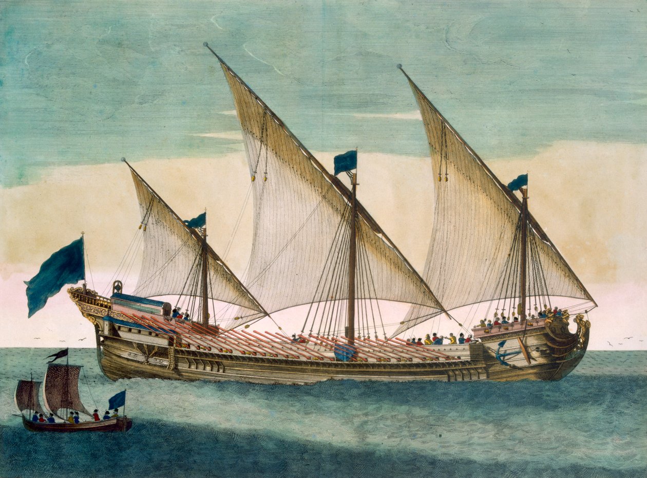 「ルナプチューンフランソワ」から帆を張って出荷されている3本マストのガリア船、1693年〜1700年頃（手塗りの彫刻） 作： ピエール・モルティエ