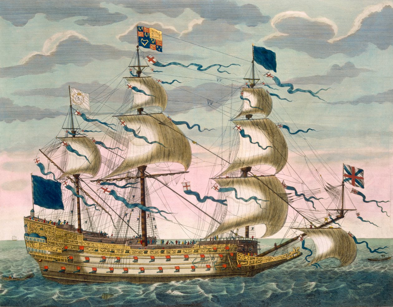 「ルナプチューンフランソワ」のロイヤルスタンダードを飛行するイギリス艦隊のロイヤル（旗艦）、c.1693-1700（手描きの彫刻） 作： ピエール・モルティエ