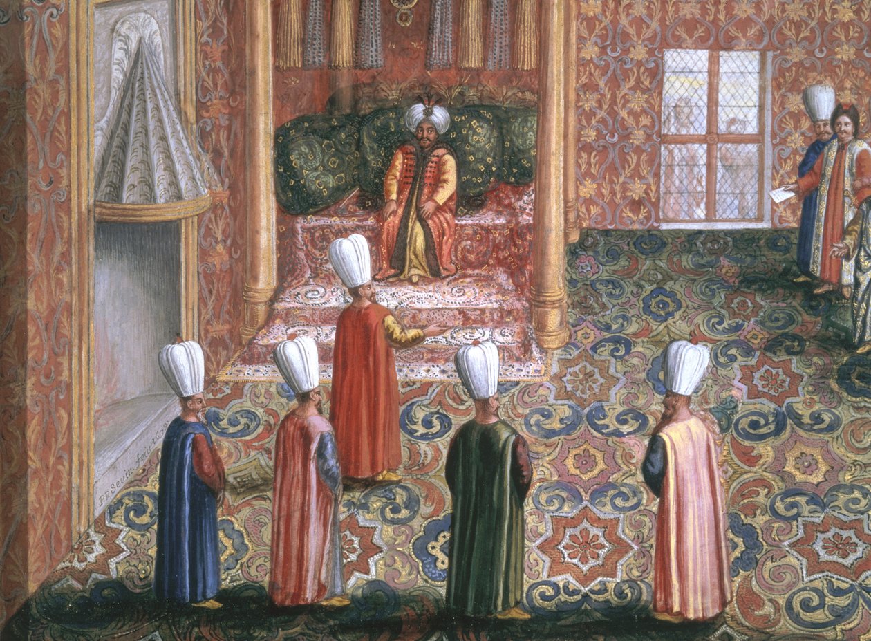 Jan Gninskiのイスタンブール外交使節、スルタンマクメドとポーランド大使の聴衆、1679年（紙に金箔を施したガッシュ） 作： ピエール・ポール・セビン