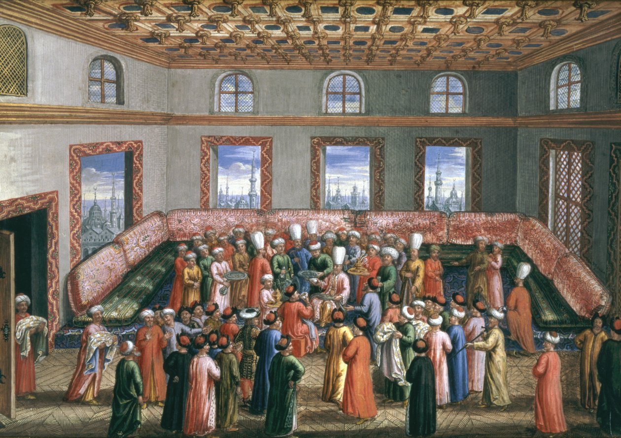 Jan Gninskiのイスタンブール外交使節、ポーランド使節の送別レセプション、1679年（紙に金箔を施したガッシュ） 作： ピエール・ポール・セビン