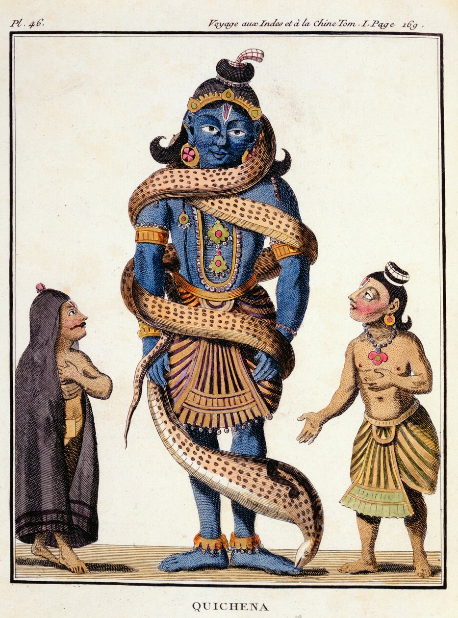 ポワソンによって彫刻された、1782年に出版された「インドへ、そして中国への航海」から、カリヤサーペントによって圧搾されたクリシュナ 作： ピエール・ソネラ