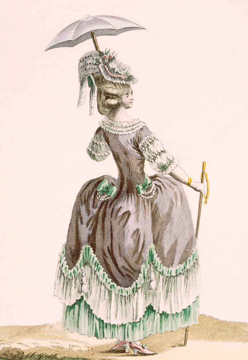 Dupinによって刻まれた女性の灰色のプロムナードドレスの背面図、「Galeries des Modes et Costumes Francais」c.1778-87からのプレートno.38 作： ピエール・トーマス・ル・クラーク