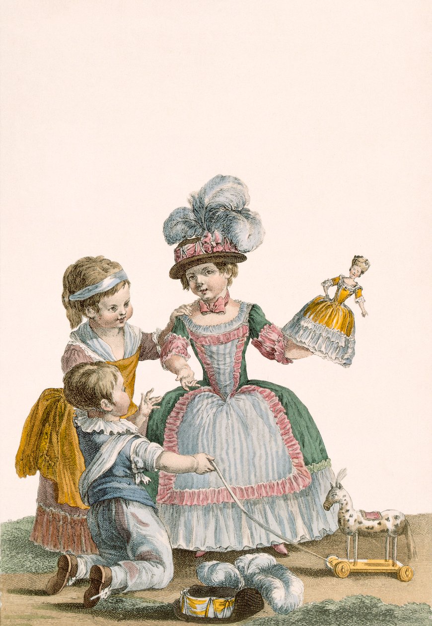 遊んでいる子供たち、パタスによって彫刻された「Galeries des Modes et Costumes Francais」のプレート、c.1778-87 99：衣類。伝統的なドレス;伝統的な衣装;ファッション;図; c1 作： ピエール・トーマス・ル・クラーク
