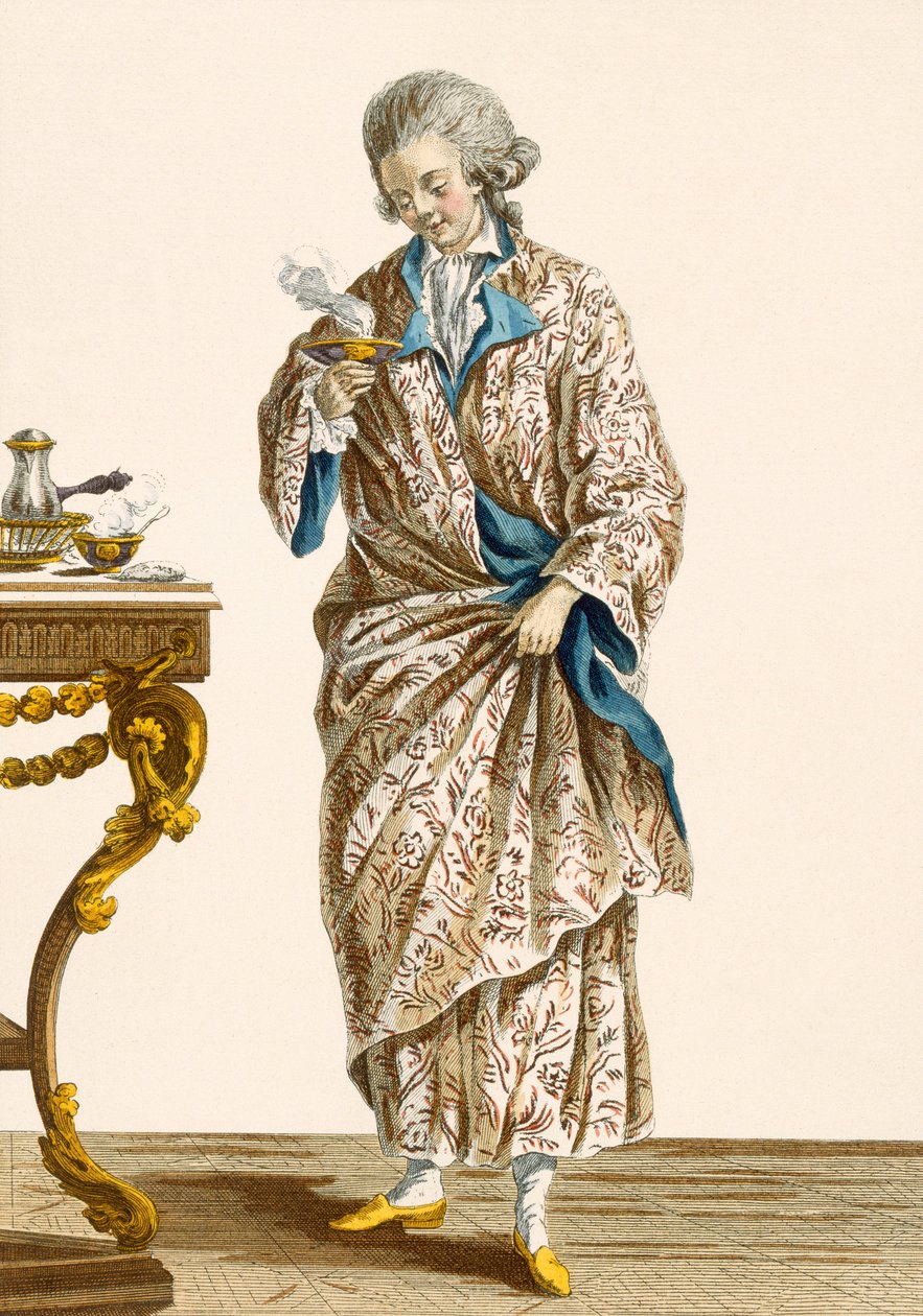 プリントされた綿のドレッシングガウン、Patasによって刻まれた、「Galeries des Modes et Costumes Francais」c.1778-87のプレートno.140 作： ピエール・トーマス・ル・クラーク