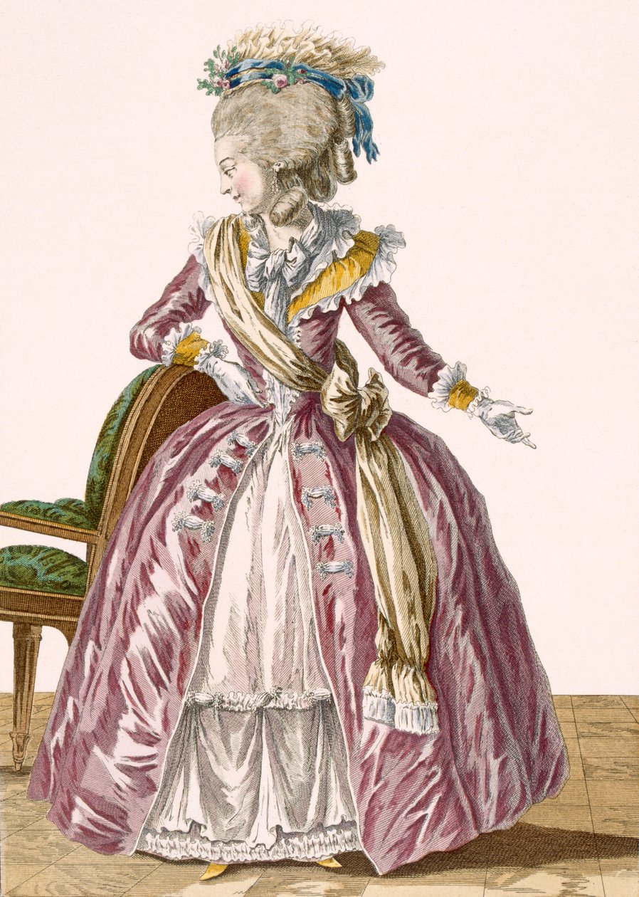 デュパンが刻印した白いアンダースカートのブルゴーニュレディースガウン、「Galeries des Modes et Costumes Francais」c.1778-87のプレートno.166 作： ピエール・トーマス・ル・クラーク