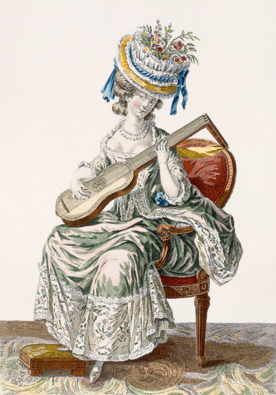 ギターを弾くレースでトリミングされたショットタフタドレスの女性、シャルルエマニュエルパタス（1744-1802）1778年に彫刻された「Galerie des Modes et Costumes Francais」のプレート113 作： ピエール・トーマス・ル・クラーク