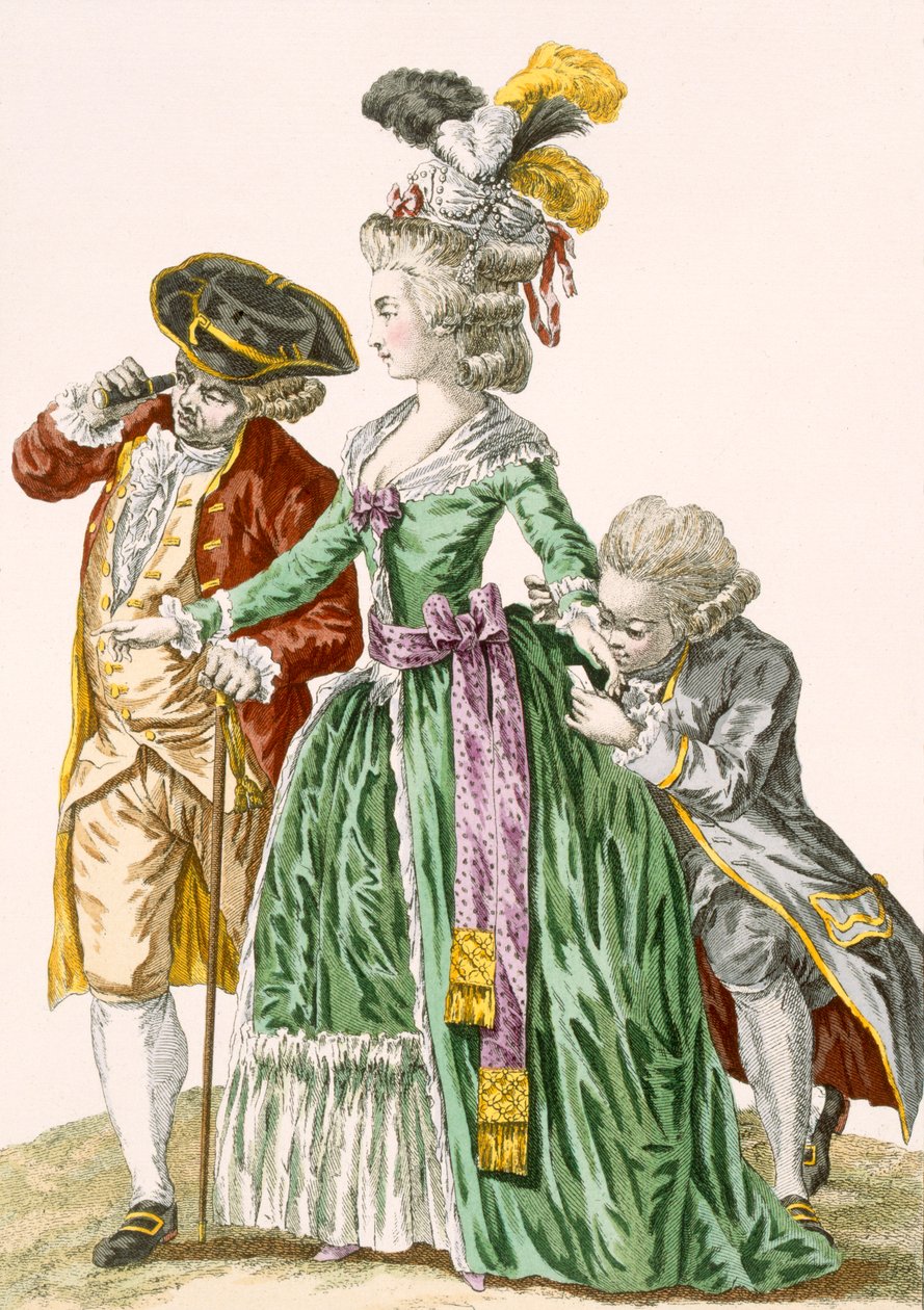 男性の使用人に囲まれた宮廷の貴婦人、ペティソイエによって彫刻された、「Galeries des Modes et Costumes Francais」のプレートno.124、c.1778-87 99：衣類。伝統的なドレス;伝統 作： ピエール・トーマス・ル・クラーク
