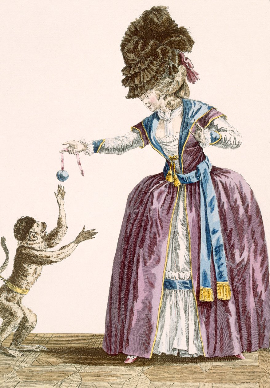 レタスはサルと遊ぶ、パタスによって彫刻された、「Galeries des Modes et Costumes Francais」のプレート番号119、c.1778-87 99：衣類。伝統的なドレス;伝統的な衣装;ファッション;私 作： ピエール・トーマス・ル・クラーク