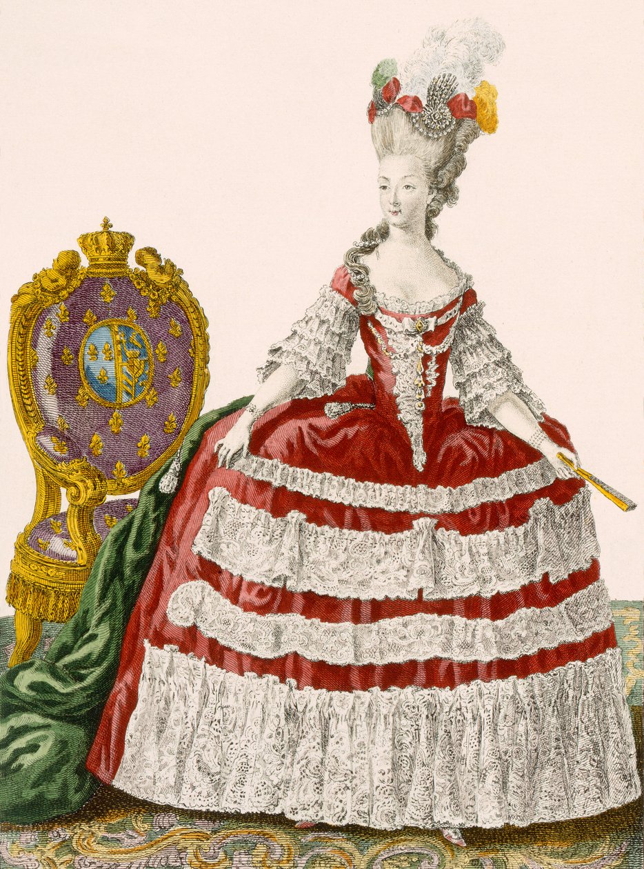 ダークチェリーのレディースコートガウン、パタスが刻印、「Galeries des Modes et Costumes Francais」c.1778-87からのプレートno.44 作： ピエール・トーマス・ル・クラーク