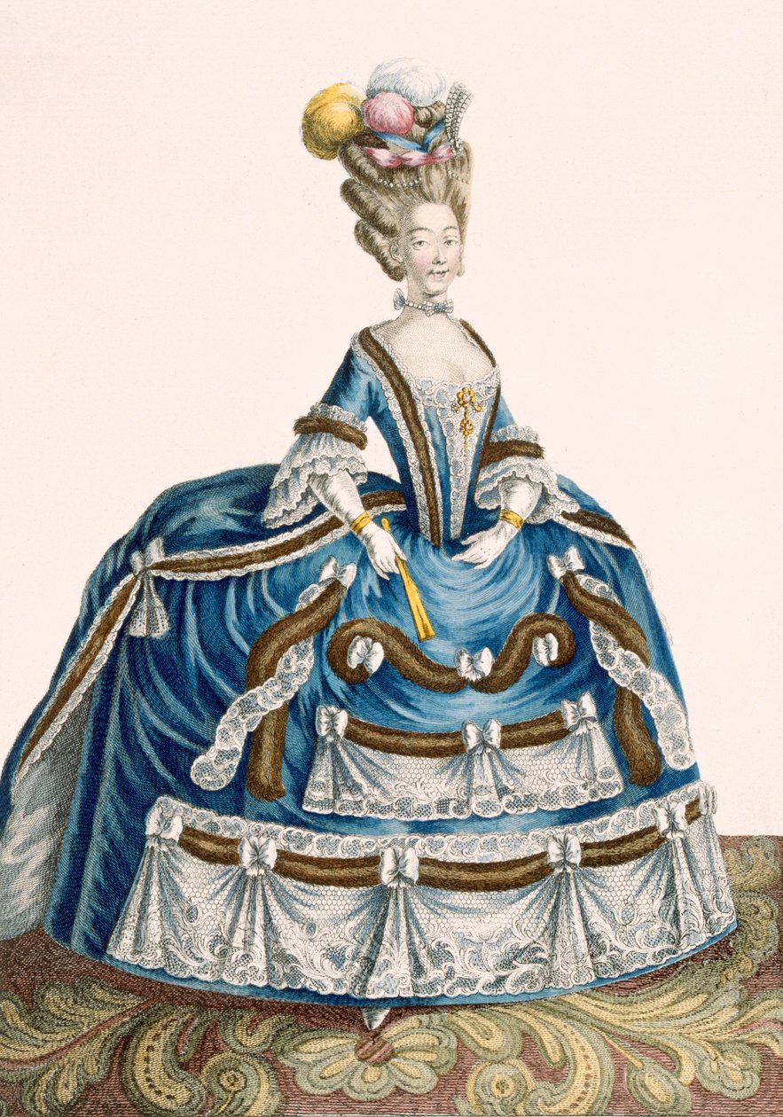 装飾品とレースで装飾された、レディの精巧なコートドレス。ヴォイサードの刻印、「Galeries des Modes et Costumes Francais」のプレートno.46、c.1778-87 99：衣類。伝統的な博士 作： ピエール・トーマス・ル・クラーク