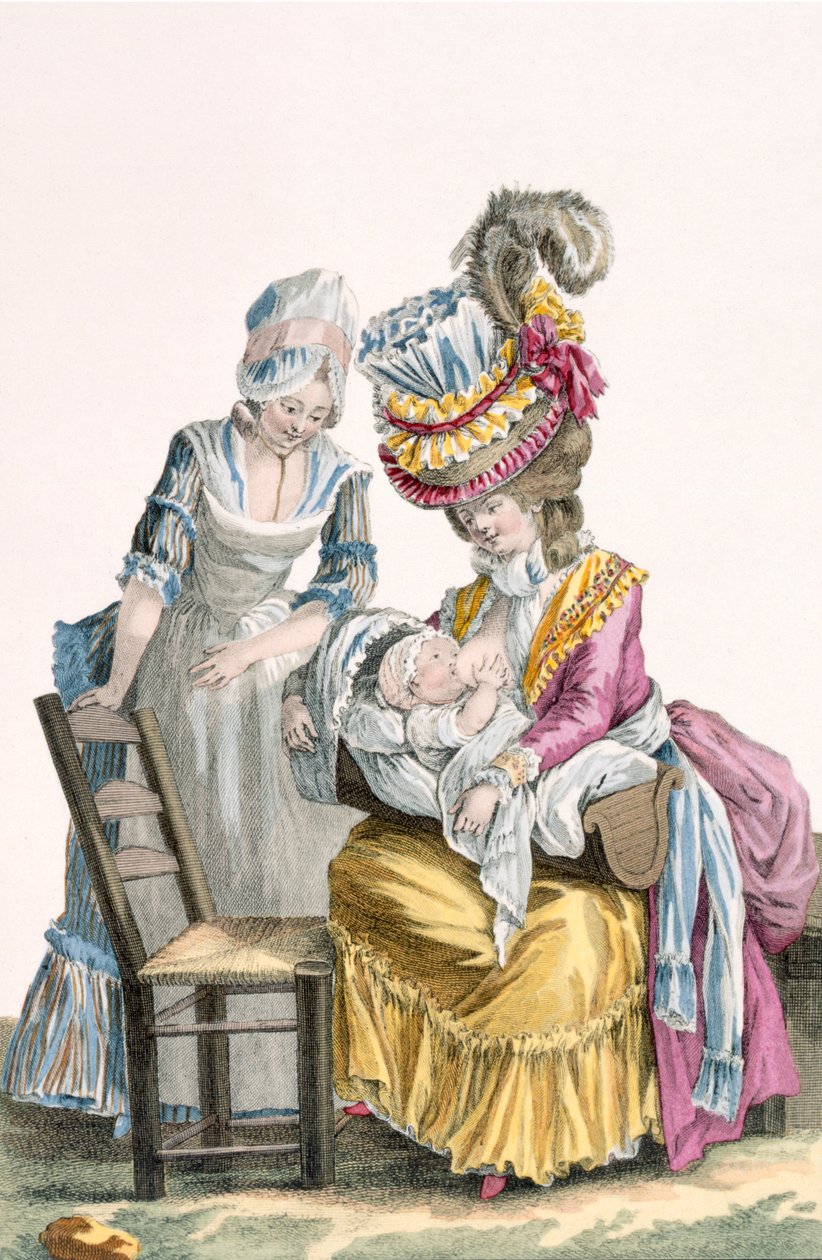 チャールズエマニュエルパタス（1744-1802）1778年に彫刻された、ドレスを着た若い女性「ラレヴィット」が赤ちゃんを母乳で育てる、「ギャルリーデモードとコスチュームフランセ」のプレート 作： ピエール・トーマス・ル・クラーク