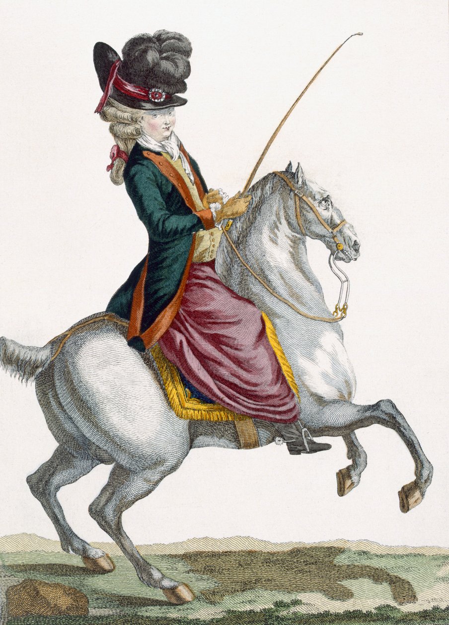 ヴォイザールの彫刻が施された馬に乗った若い女性、「Galeries des Modes et Costumes Francais」c.1778-87 作： ピエール・トーマス・ル・クラーク
