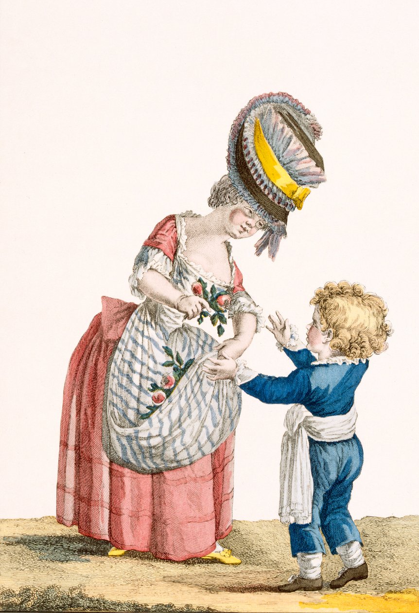 デュパンによって彫刻された、少年と一緒の農民の少女、「Galeries des Modes et Costumes Francais」、c.1778-87 99：衣類。伝統的なドレス;伝統的な衣装;ファッション; 作： ピエール・トーマス・ル・クラーク