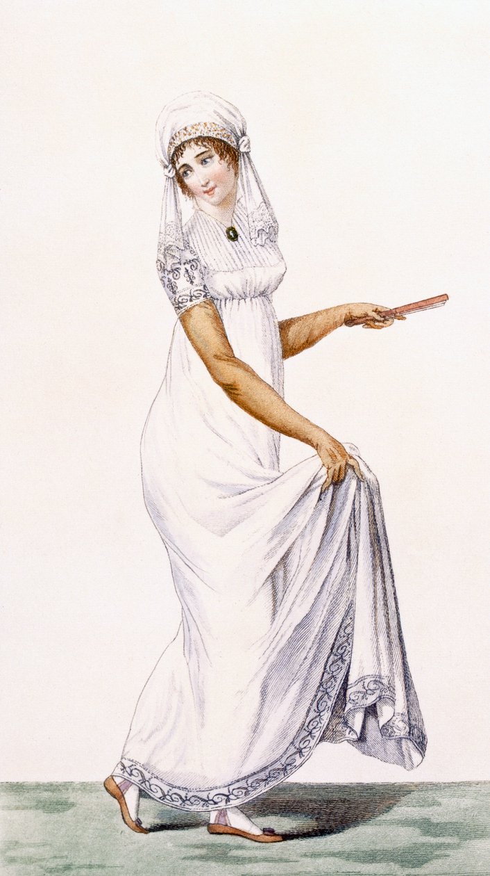レディースシンプルホワイトイブニングドレス、「Journal des Dames et des Modes」のイラスト、1801 作： ピエール・ド・ラ・メザンゲレ