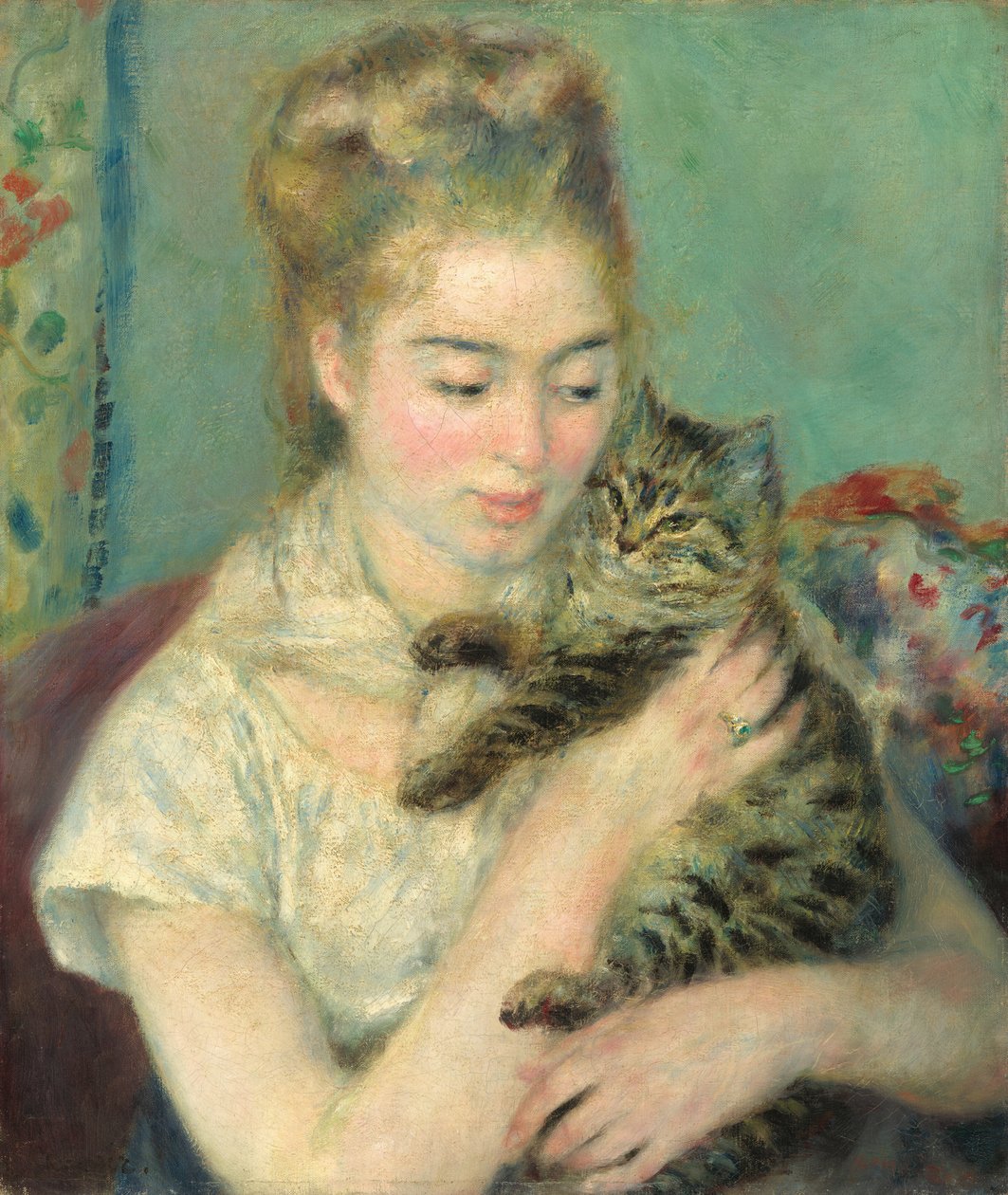 猫と一緒の女性、c。 1875年。 作： ピエールオーギュストルノワール