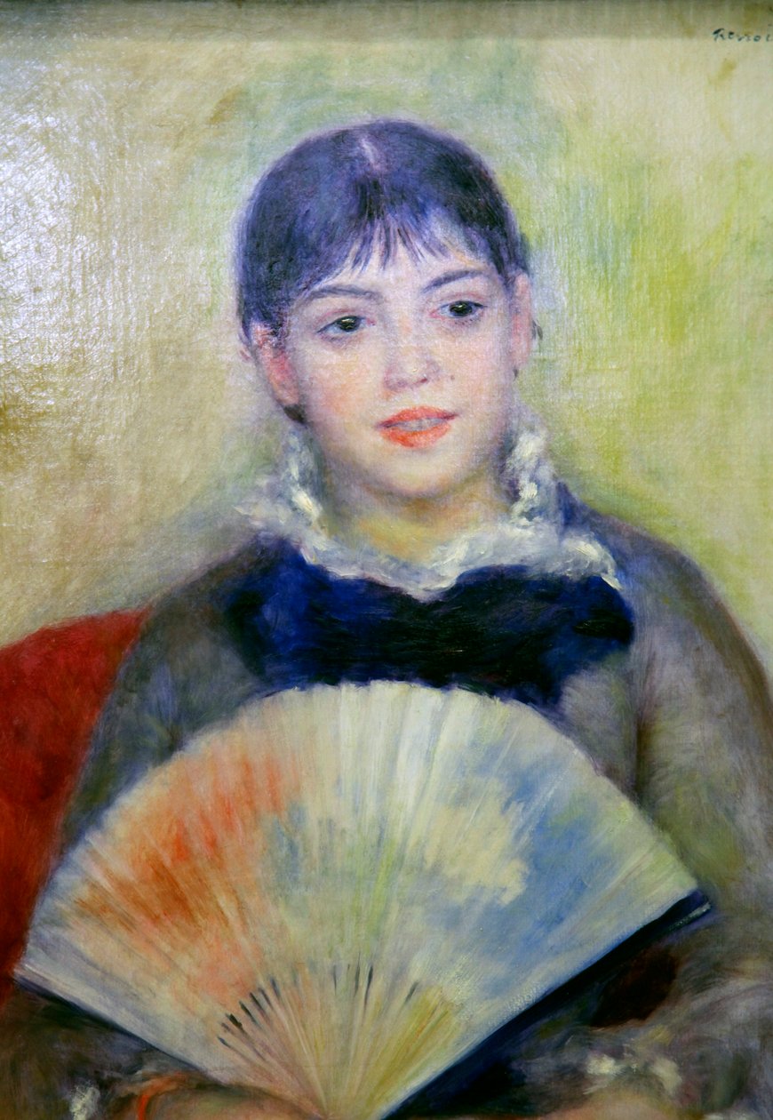 「扇子を持つ若い女性」、1880年 作： ピエールオーギュストルノワール