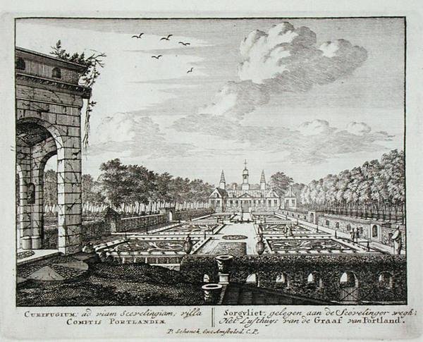 ジャンヴァンコール（1656-1703）著、ポートランド初代伯爵、ハンスウィレムベンティンク（1649-1709）の座、ソルグヴリエットの家と庭、1715年以前に出版された（engravi 作： ピーター・シェンク