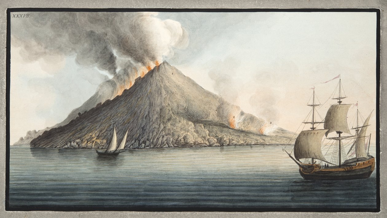 ウィリアムハミルトン卿（1730-1803）による「カンピフレグレイ：2つのシチリアの火山の観察」から1600年に出版されたムッシュファブリス、プレートXXXVIIが撮影したストロンボリ島の眺め（1776年発行）（ 作： ピエトロファブリス
