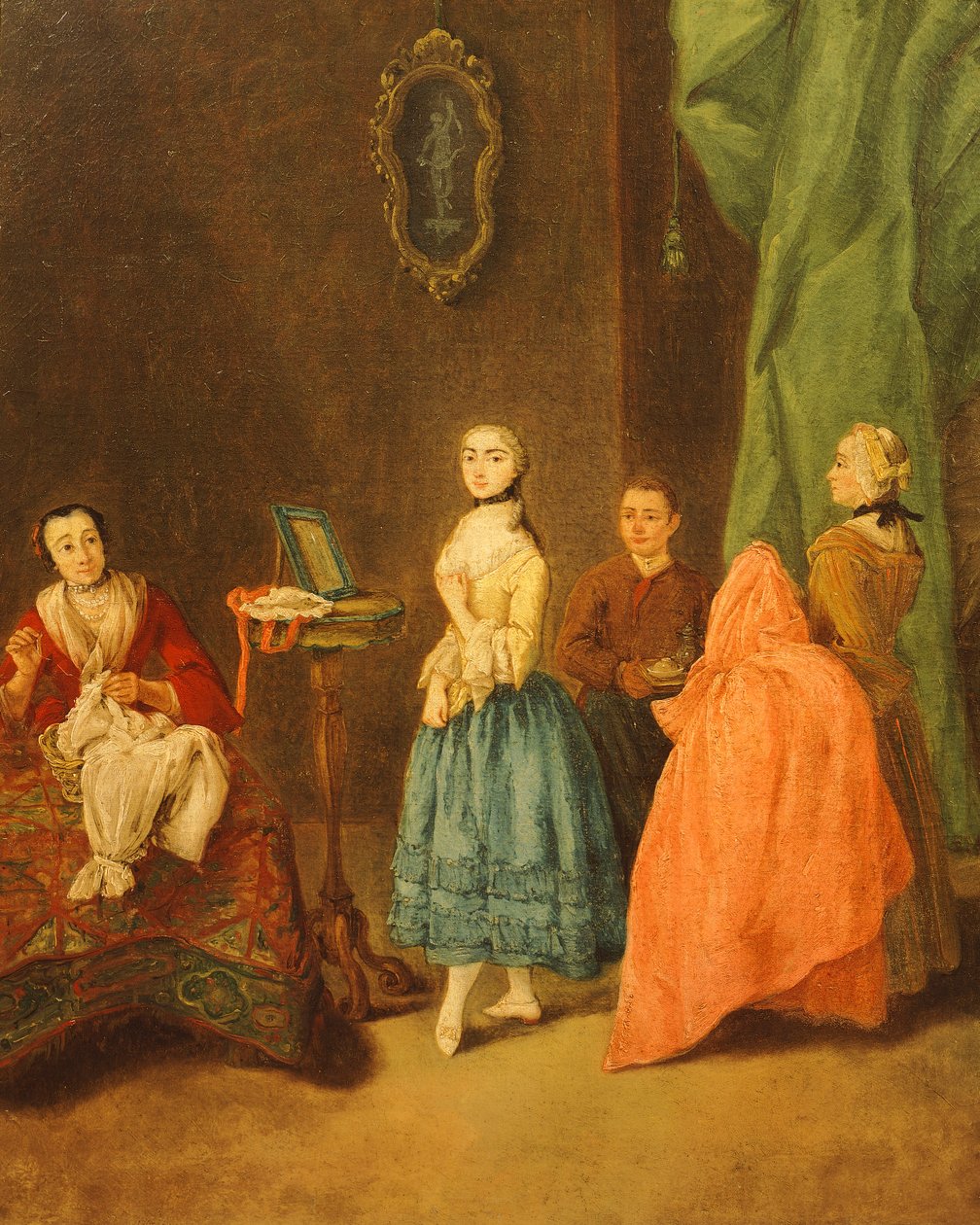 ドレスを試着するピエトロ・ロンギ（1701-1785）の作品 作： ピエトロ・ロンギ