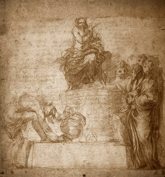 古代の犠牲、No.85（紙に赤いチョーク） 作： ポリドロ・ダ・カラヴァッジョ