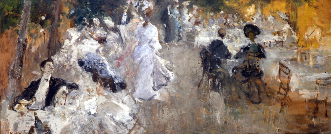 屋外のレストラン。ポンペオ・マリアーニによる絵画。 作： ポンペオ・マリアーニ