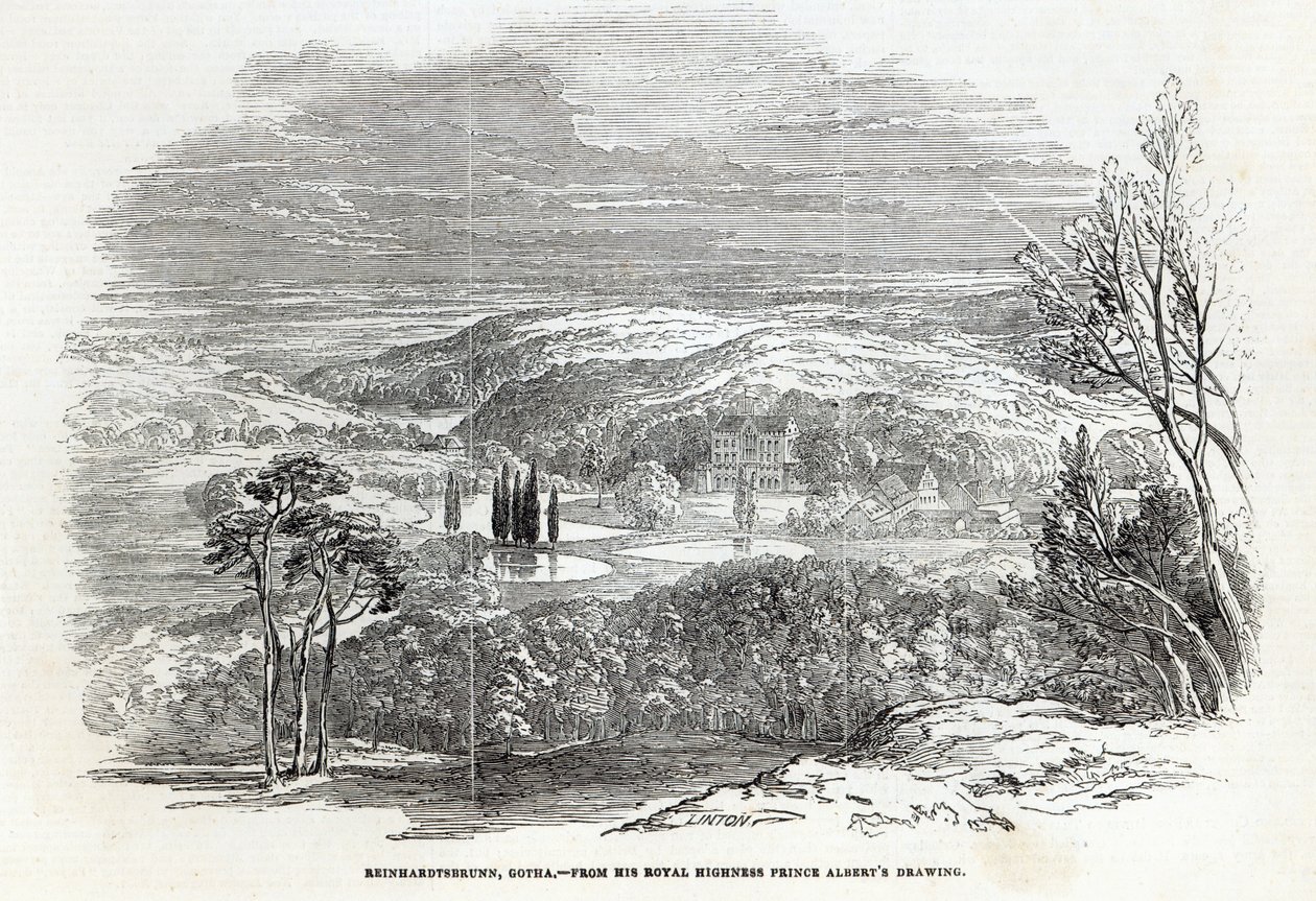 1845年8月30日の &39;The Illustrated London News&39;からWJ Lintonによって彫刻されたラインハルトブルン、ゴータ 作： サックス・コーブルクとゴータのアルバート王子