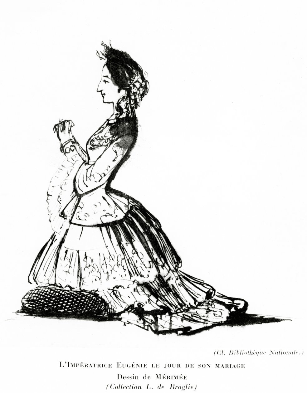 1853年1月30日、結婚当日の皇后ユージェニーの肖像（紙にクレヨン） 作： プロスパー・メリミー