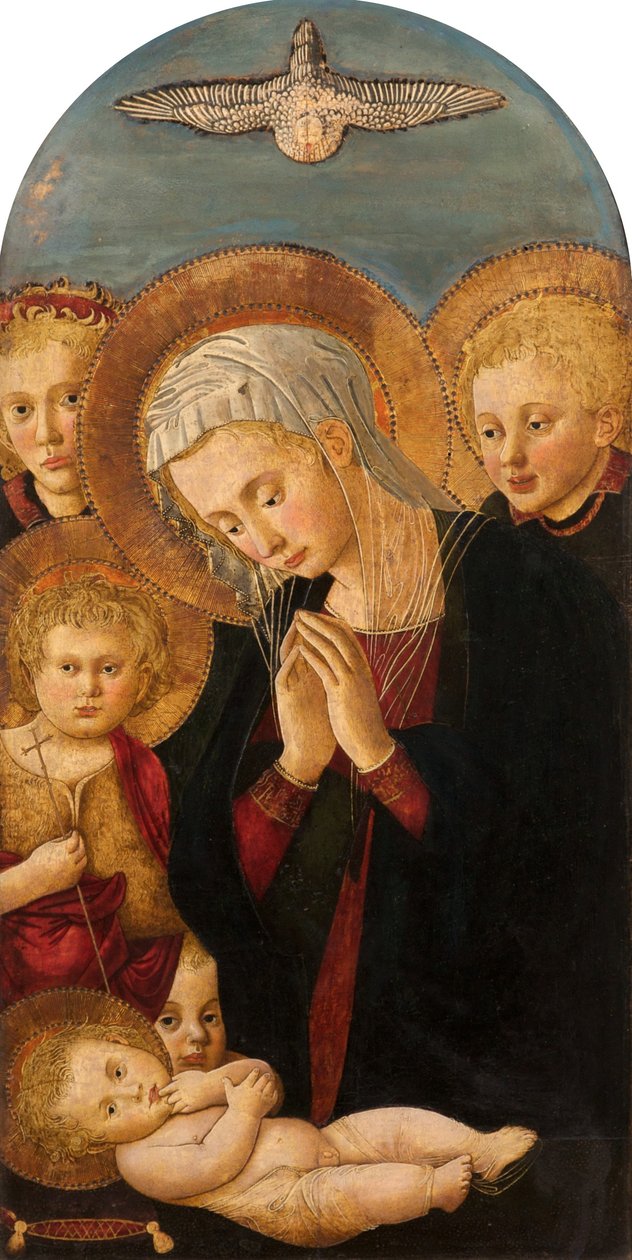 聖ヨハネと洗礼者と天使たちと一緒にキリストの子供を崇拝するマドンナ、c.1480-1500 作： ピアフランチェスコフィオレンティーノ