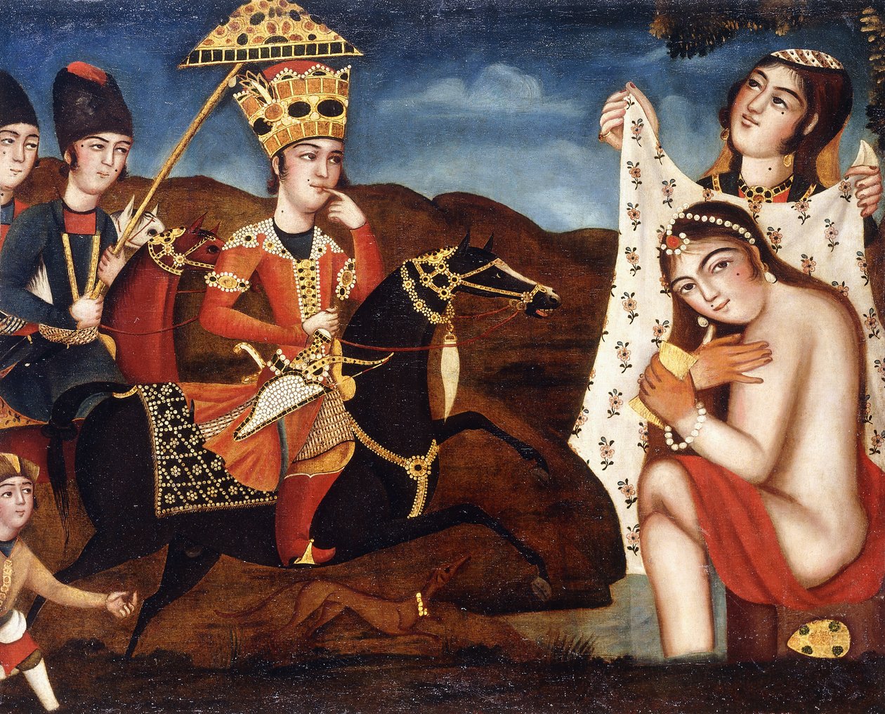 Khusraw Discovering Shirin Bathing、c。 1840 作： カジャール学校