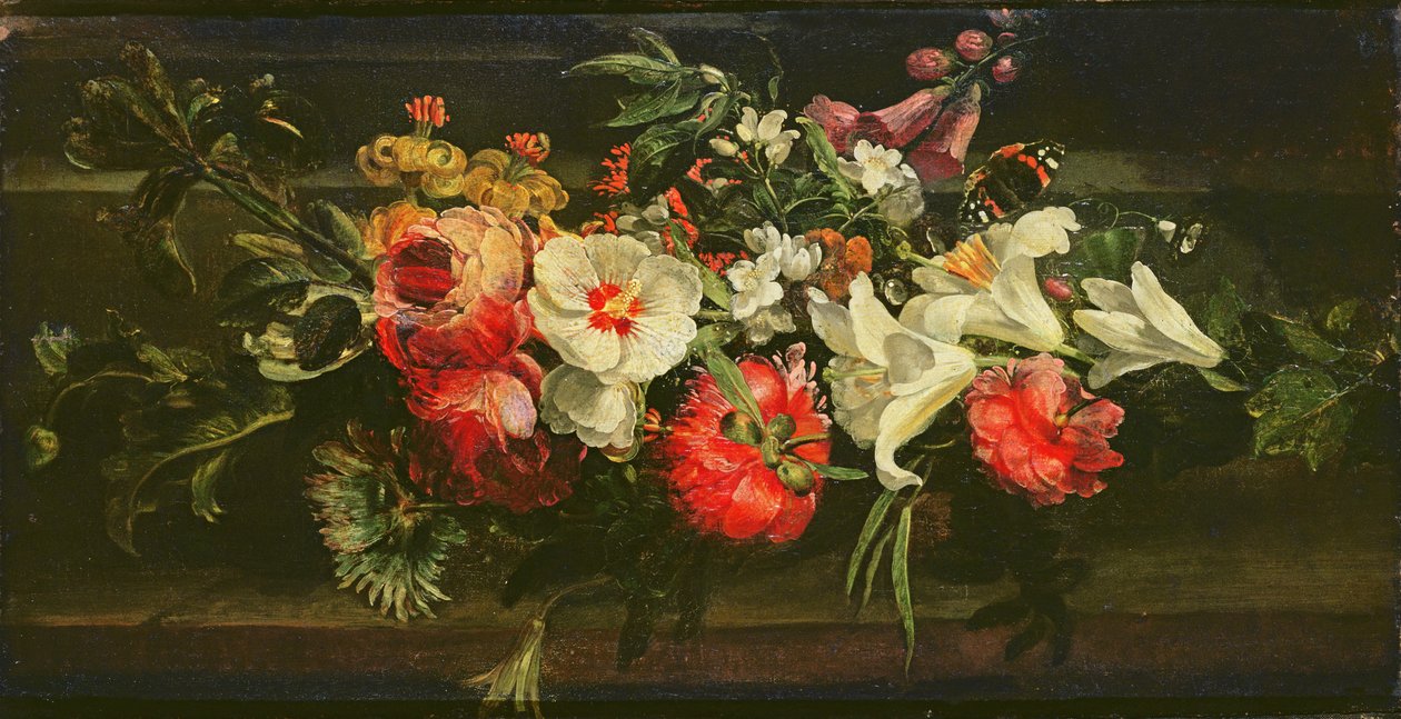 バラ、ユリ、その他の花のある静物 作： ラッヘル・ライス