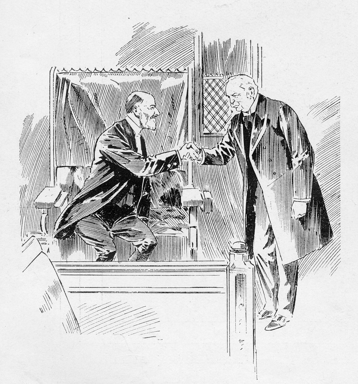1906年10月27日、「The Graphic」に掲載された「The Reassmbling of Parliament」というタイトルの記事から、首相が軍曹に挨拶 作： ラルフ・クリーバー