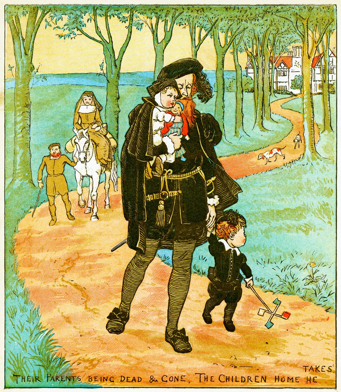 「両親が亡くなった、彼が連れて行った子供たちの家」、森のベイブスのイラスト、1885 作： ランドルフ・カルデコット