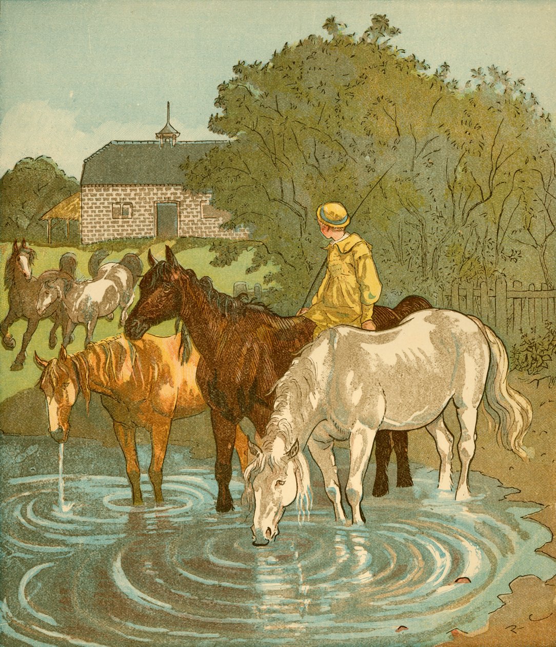馬に水をまく農夫の少年、c1881。 作： ランドルフ・カルデコット