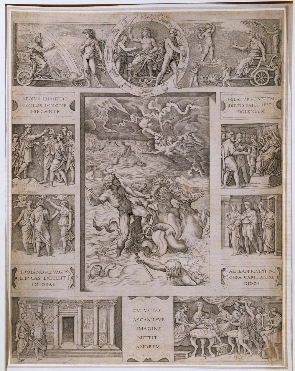 Quos Ego、Neptune Calming the Storm、Virgilの「Aeneid」からのさらなるシーンを示す境界線、Marcantonio Raimondi（1480-1534）c.1515-16による彫刻 作： ラファエロサンツィオラファエル