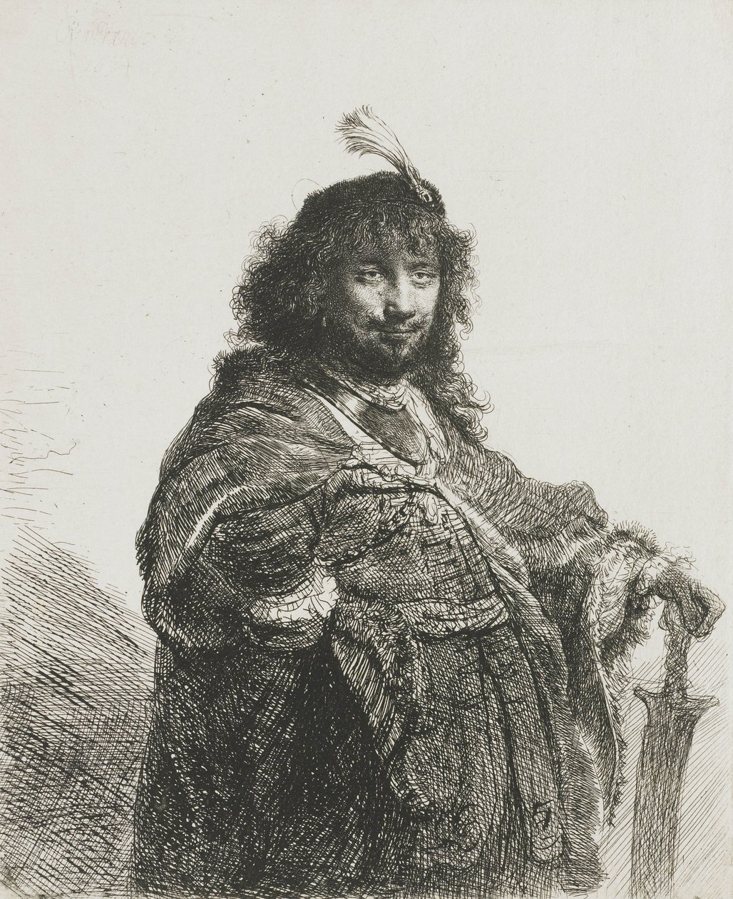 1634年、剣に手を傾け、羽毛のベレー帽をかぶった自画像（？） 作： レンブラント・ファン・レイン